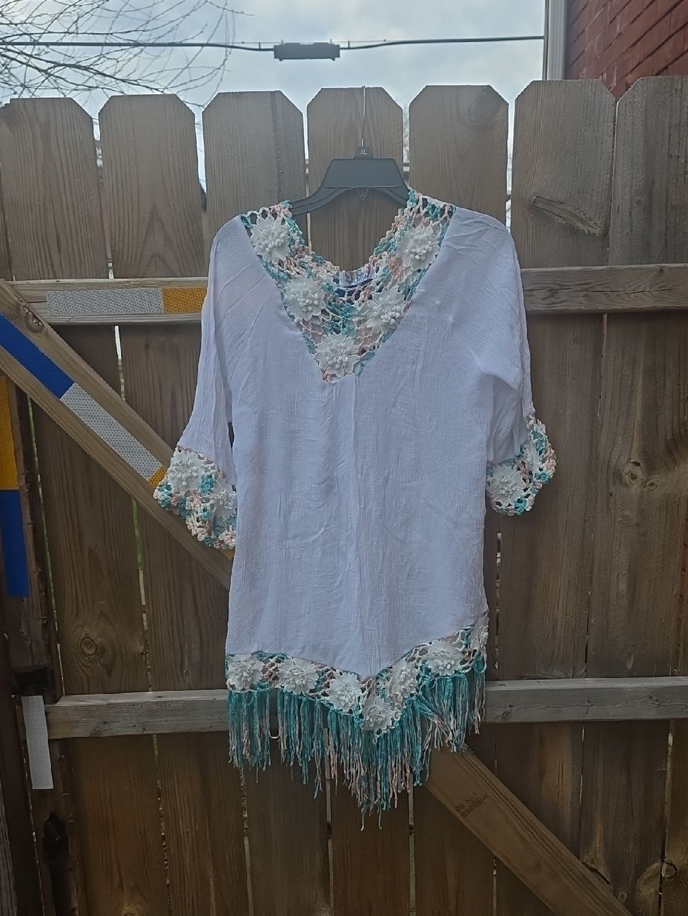 India Boutique White Crochet-Trim Tunic with Teal Accents